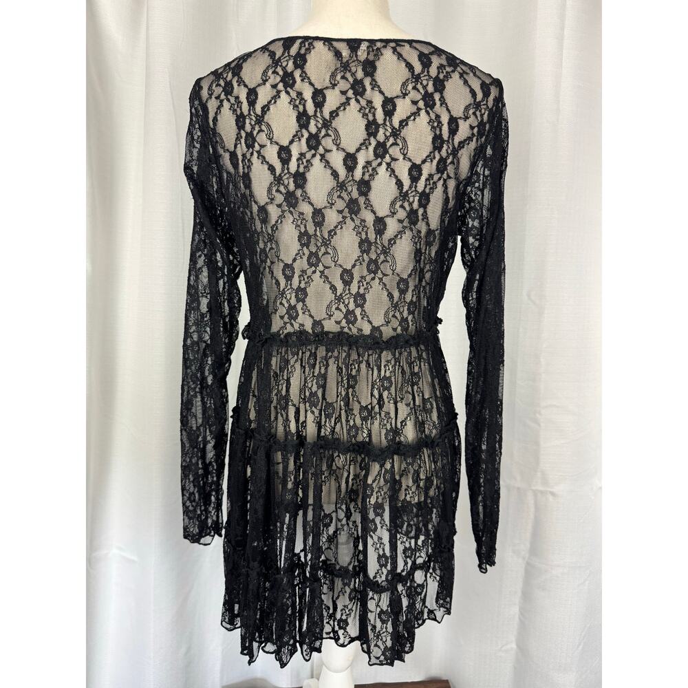 Black Lace Sheer Babydoll Top Romantic Boho Layering Medium - Picture 5 of 6